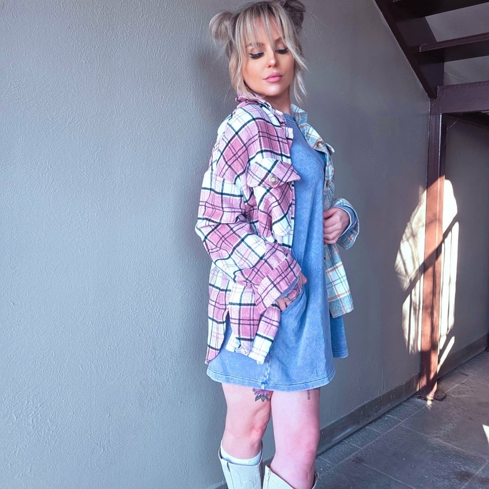 Pink And Gray Color Block Plaid Shacket - Picture 7 of 8